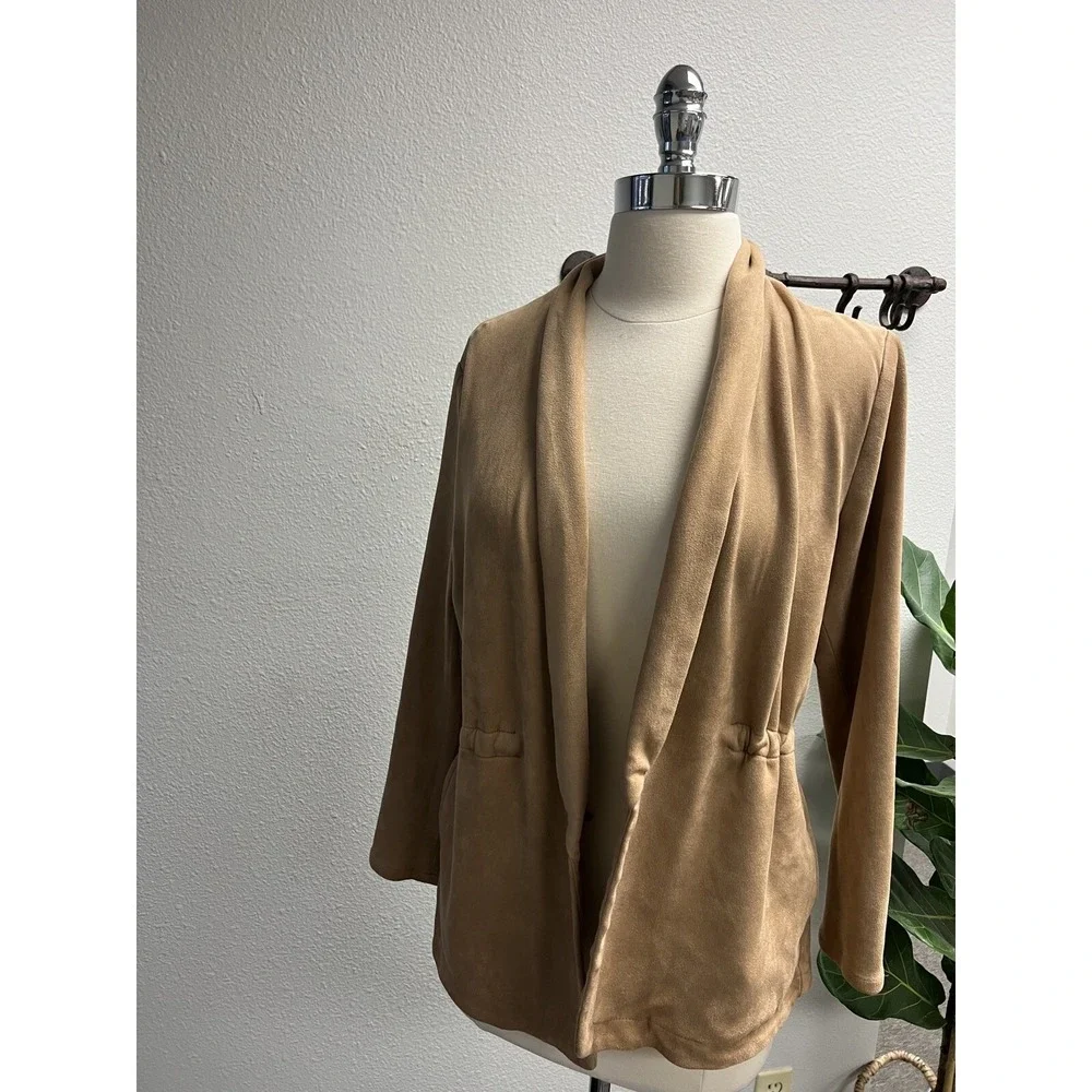 Blank NYC Camel Vegan Suede Open Front Jacket Size M Cinched Waist Lightweight‎ - Picture 9 of 10